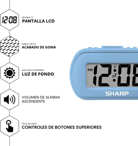 Miniatura 3 de Sharp Reloj despertador digital – Caja táctil con acabado de goma suave – Funciona con pilas – Retroiluminación azul bajo demanda – Alarma
