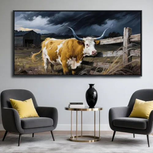 Miniatura 14 de AJAZIKO Arte de Pared de Vaca de las Tierras Altas - Decoración de Pared de Granja y Campo Rústico, Cuadros Grandes en Lienzo para Sala de Estar