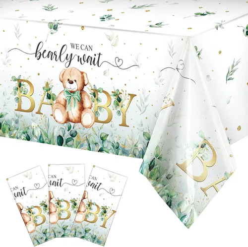 Miniatura 8 de Tegeme Paquete de 6 manteles de plástico con diseño de oso para baby shower, con texto en inglés «We Can Bearly Wait», para fiestas de cumpleaños