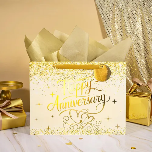 Miniatura 5 de LeZakaa 13" Wedding Anniversary Bag with Tissue Paper, Tag & Greeting Card, Happy Anniversary Gold Glitter Gift Bag for Couple, Parents, Wife