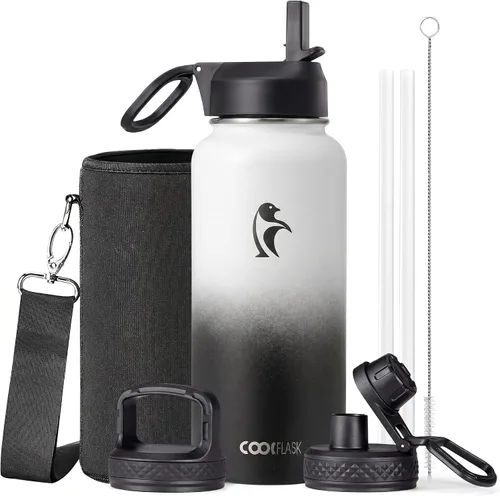 Miniatura 72 de Coolflask Botella de agua de 20 onzas aislada con pajilla, 3 tapas de metal de acero inoxidable, botella de agua de boca ancha para deportes u