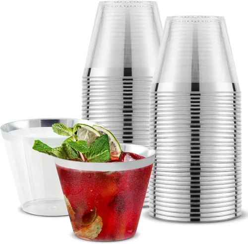 Stock Your Home Vasos de plástico desechables con borde plateado de 9 onzas (paquete de 100) elegantes vasos para fiestas, bodas, vacaciones, vasos