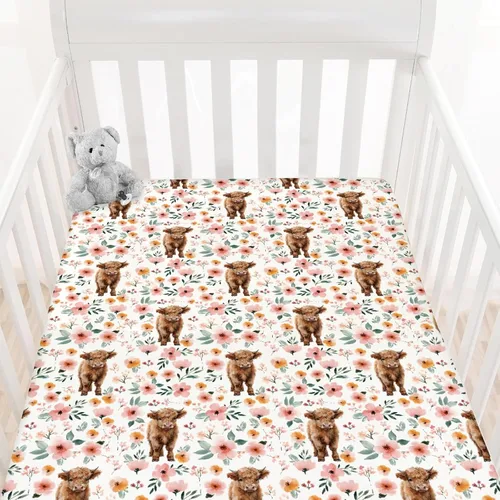 HawSkgFub Highland Cow - Sábana bajera para cuna estándar y bohemia para bebé, funda de colchón retro de animales de granja occidental, flor de yak