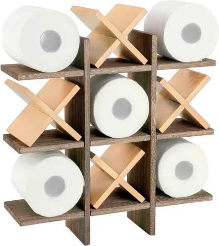 Miniatura 7 de Weysat Soporte de Papel Higiénico Tic Tac Toe Decoración de Pared de Baño Almacenamiento Colgante de Madera Rústica Estantes Independientes Montados