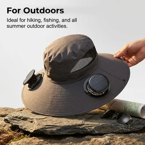 Miniatura 7 de Sombrero de ventilador alimentado por energía solar, con 2 ventiladores de carga solar USB extraíbles, sombrero de ala ancha para pesca al aire