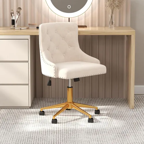 Miniatura 2 de Westice Sillas de escritorio de terciopelo, silla giratoria tapizada de maquillaje cómoda con respaldo copetudo, base de metal dorado y ruedas, Beige