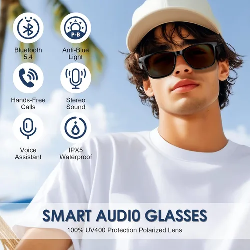 Miniatura 9 de Lentes inteligentes para hombres y mujeres, 2 en 1 con luz azul y lentes de sol magnéticos UV400, gafas Bluetooth 5.4 con audio de oreja abierta