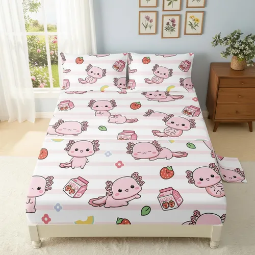 Miniatura 33 de QOOMO Ropa de cama Kawaii Axolotl para niños y niñas, diseño de flor de cerezo rosa, juego de ropa de cama súper suave para niños, con estrellas