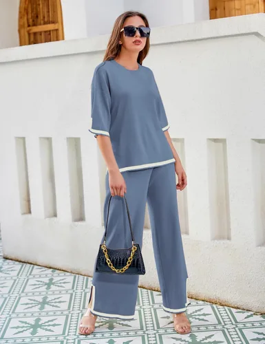 Miniatura 6 de Tanming - Conjuntos de suéter para mujer, 2 piezas, conjuntos de lounge, tops de punto de manga corta, pantalones de pierna ancha