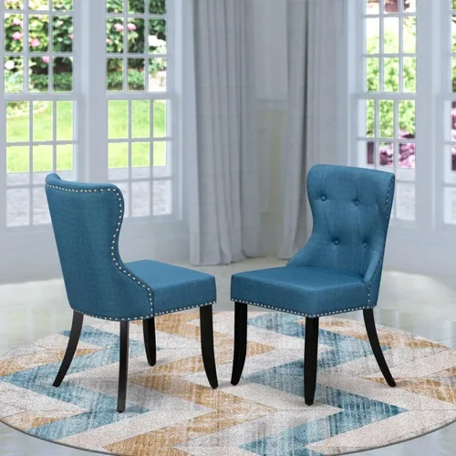 Miniatura 2 de East West Furniture SIP1T21 Sion Parson - Juego de 2 sillas tapizadas de tela de lino azul con ribete de clavos y botones copetudos, color negro