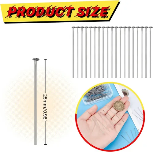 Miniatura 2 de 500 alfileres de cabeza plana para hacer joyas, de acero inoxidable, longitud de 0.98 pulgadas/0.984 in, horquillas planas para manualidades, aretes