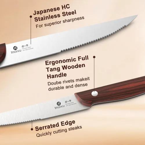 Miniatura 5 de imarku Juego de 6 cuchillos para carne, juego de cuchillos de carne dentados de 9 pulgadas, acero inoxidable japonés de alto carbono, cuchillas