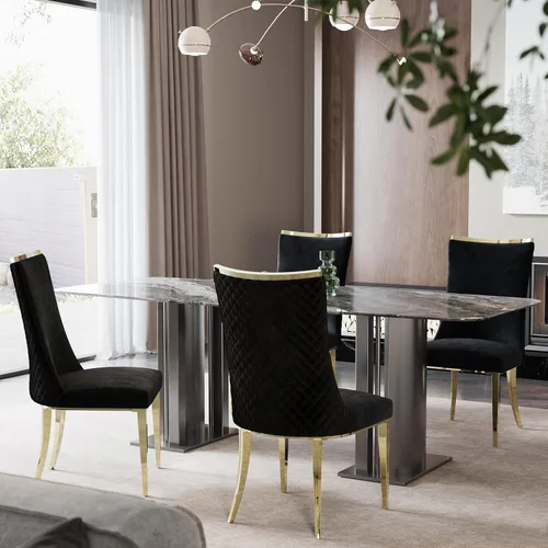 Miniatura 6 de Sillas de comedor, Juego de 4 sillas de comedor, Silla de comedor de terciopelo negro con patas de acero inoxidable dorado