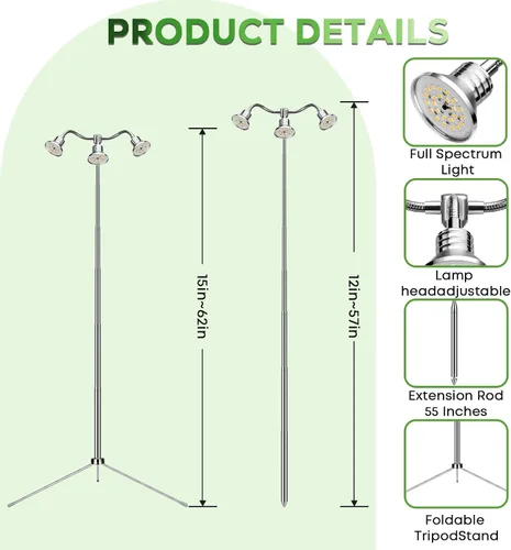 Miniatura 8 de Luces de crecimiento de espectro completo para plantas de interior de 15 a 62 pulgadas de altura ajustable de aleación de aluminio lámparas