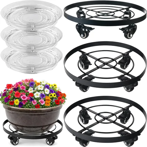 Miniatura 15 de Paquete de 3 posavasos de metal para plantas de 10.6 pulgadas, con ruedas, soporte rodante resistente para plantas con ruedas para interiores y Negro