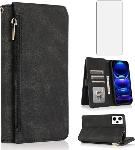 Asuwish Compatible con Xiaomi Redmi Note 12 Pro 5G / Poco X5 Pro 5G - Funda tipo cartera de vidrio templado con protector de pantalla y cremallera