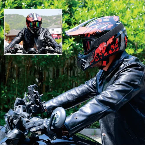 Miniatura 6 de Casco de motocross DOT Dirtbike ATV Motocicleta Bicicleta de Montaña Casco de cara completa con gafas y guantes, máscara rojo brillante Tormenta S