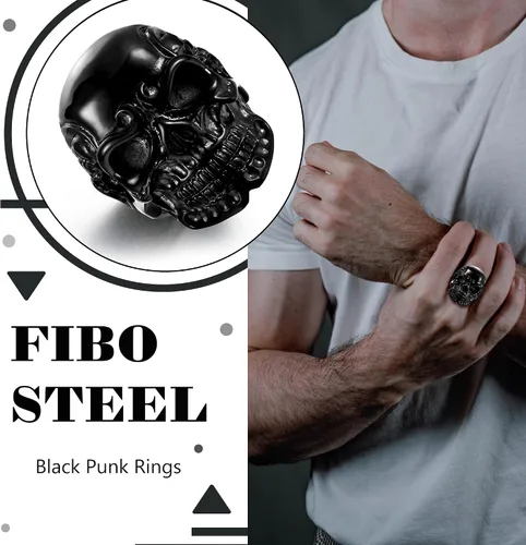 Miniatura 2 de FIBO STEEL Anillos de acero inoxidable de cráneo de cabeza, color negro, para hombres y mujeres, tamaños 8-14