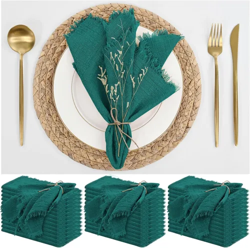Miniatura 18 de Paquete de 12 servilletas de lino y algodón beige de 16 x 16 pulgadas, hechas a mano con flecos, servilletas de tela suave, lavables y rústicas