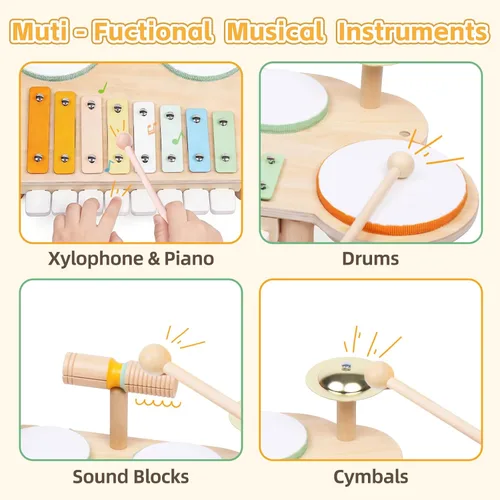 Miniatura 6 de Juego de batería para niños pequeños, instrumentos musicales de madera para bebés de 1 a 3 años, juego de mesa de actividades musicales con piano