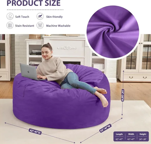 Miniatura 158 de Puf de 5 pies, puf grande con relleno de espuma viscoelástica, sofá puff esponjoso con funda de terciopelo holandés, puf redondo para sala de estar