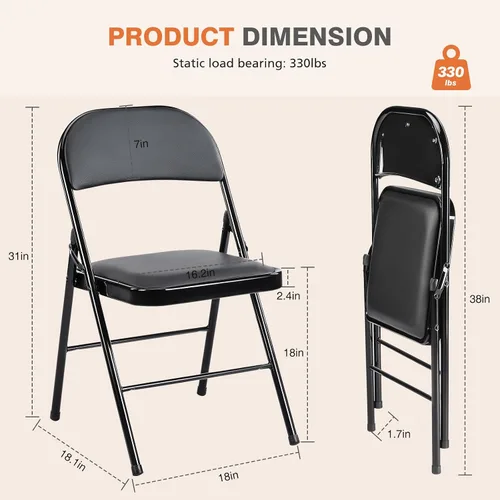 Miniatura 3 de Sweetcrispy Paquete de 16 sillas plegables, acolchadas de cuero, metal resistente, fáciles de usar y almacenar, cómodas, para exteriores e Negro