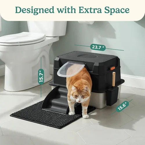 Miniatura 5 de Caja de arena para gatos de acero inoxidable con tapa, diseño XL 3 en 1 para gatos de interior, caja de arena de acero inoxidable, máxima privacidad