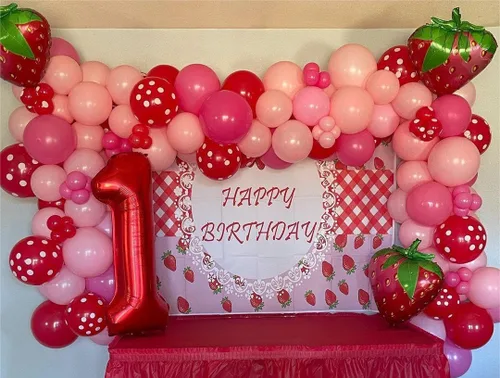 Miniatura 4 de JOGAMS Kit de arco de globos de fresa, globos rojos de fresa con lunares para baby shower, suministros de fiesta de cumpleaños para niña