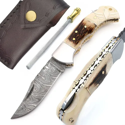 Miniatura 10 de Cuchillo de bolsillo de damasco Lara Eagle para hombres - Cuchillos de caza plegables hechos a mano de 133 capas de acero sólido con afilador