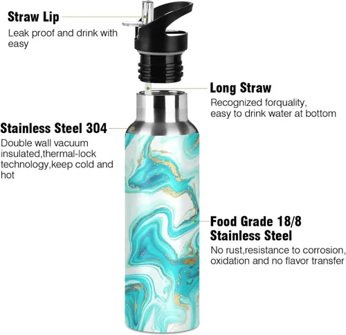 Miniatura 3 de Stainless Steel Vacuum Insulated Water Bottle 32 Oz, Leakproof Water Bottles for Gym Outdoor Travel School, Marble Aqua Blue