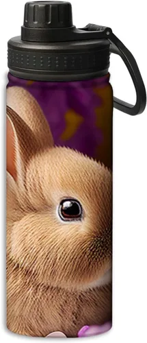 Bunny Rabbit Near Lilac Flowers Pattern - Botella de agua de acero inoxidable de 18 onzas, aislada al vacío, de doble pared, a prueba de fugas,