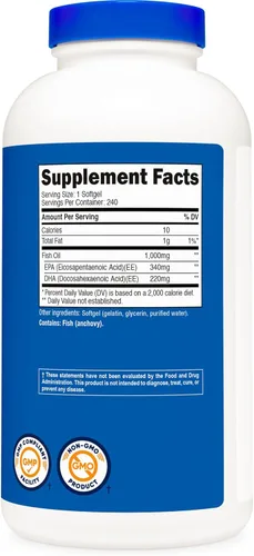 Miniatura 5 de Nutricost Aceite de pescado Omega 3 cápsulas blandas con EPA y DHA (1000 mg de aceite de pescado, 560 mg de Omega-3), 240 cápsulas blandas, sin OMG