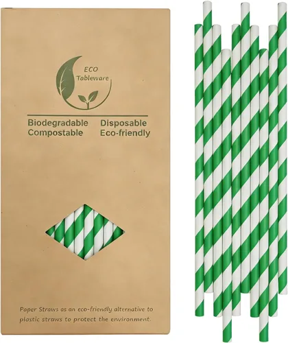 Pajitas de papel a rayas verdes, biodegradables, desechables, de Navidad, verde y blanco, pajitas verdes primaverales de 7.75 pulgadas (100 cajas)