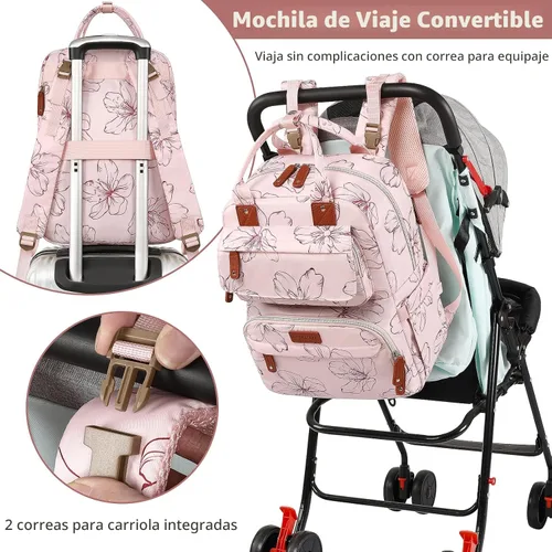 Miniatura 6 de Legestori Mochila Bolsa de Pañales, Bolsa de Pañales para Bebé Niña con Bolsillos Aislados y Correas para Cochecito, Rosa, Grande, Mochila