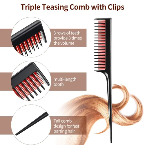 Miniatura 3 de Patelai Juego de 3 piezas de peines para cardado de cabello incluye 2 peines triples de nylon y cepillos de cerdas de jabalí para mujeres, peinado