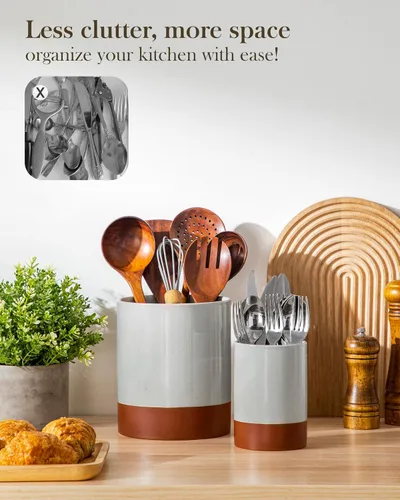 Miniatura 7 de MALACASA Portautensilios, Portautensilios de Cerámica para Cocina de 7.3"+5.5" pulgadas para Encimera, Recipientes Grandes para Utensilios de Cocina