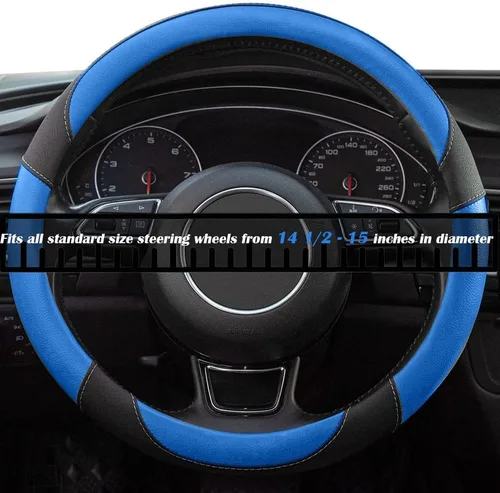 Miniatura 4 de Funda universal para volante de piel de microfibra negra y azul, de 15 pulgadas para automóvil, camión, SUV, transpirable, antideslizante y sin olor