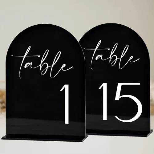 Números de mesa de acrílico de arco negro con soportes 1-15, letrero acrílico arqueado negro de 5 x 7 pulgadas y base, números de mesa de arco para