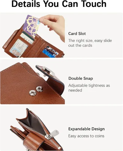 Miniatura 3 de BOSTANTEN Cartera de cuero para mujer, pequeña, con bloqueo RFID, bolsillo con cremallera, tarjetero con ventana de identificación, 1- marrón