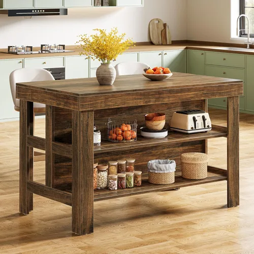 Miniatura 10 de Tribesigns Isla de cocina con estantes de asiento y almacenamiento, mostrador de desayuno de 55.1 pulgadas, mesa de isla de granja para cocina