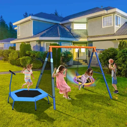 Miniatura 3 de Juego de columpios para niños 5 en 1 para patio trasero con trampolín, soporte de marco en A resistente de 880 libras, soporte de metal