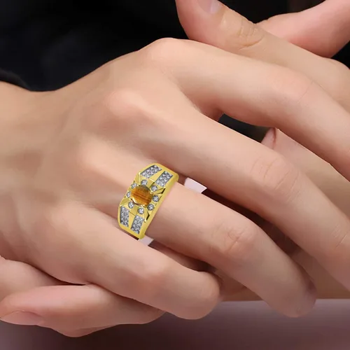 Miniatura 2 de Rylos Anillos para hombre de oro amarillo de 14 quilates, diseño Starburst de 0.31 pulgadas, piedras preciosas ovaladas y diamantes brillantes