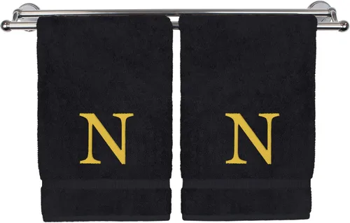 Miniatura 64 de Toalla de mano monogramada, regalo personalizado, juego de 2 - Toalla bordada con letra de bloque dorada - Extra absorbente 100% algodón turco