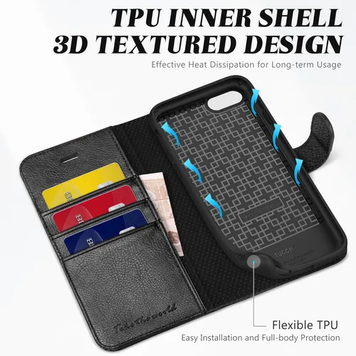 Miniatura 5 de TUCCH Funda tipo cartera para iPhone SE 2022/SE 2020/iPhone 8/7, tarjetero con función atril de piel sintética, magnética, funda protectora de Negro