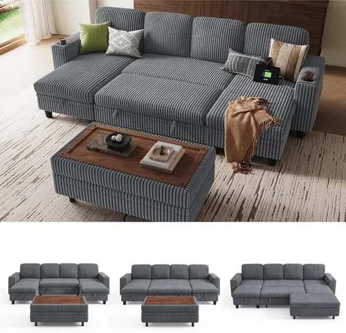 Miniatura 28 de LINSY HOME - Sofá cama extraíble modular con sección para dormir, con almacenamiento, sofá seccional de pana mullida para sala de estar, sofá cama
