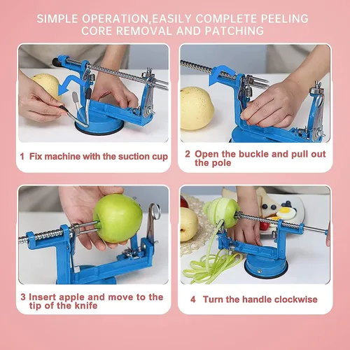 Miniatura 6 de Pelador de manzanas, cortador de patatas 3 en 1, acero inoxidable resistente con base de ventosa (azul)