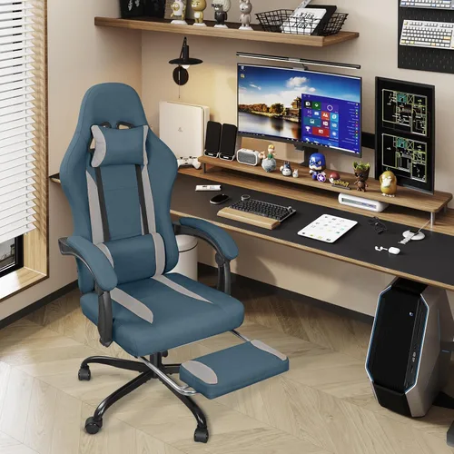 Miniatura 7 de Silla de juegos de tela transpirable con reposapiés, silla de juegos de altura ajustable, silla de videojuegos para sala de juegos, sala de estar