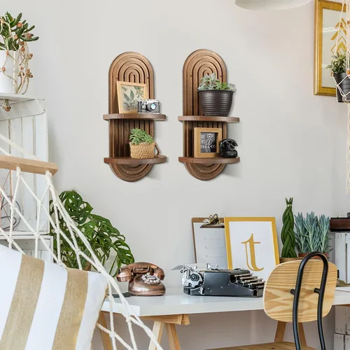 Miniatura 5 de Wenqik 2 Piezas Estante de Pared Boho Arco Iris Estante Flotante de Madera Soporte Colgante Bohemio de Mediados de Siglo Doble Vintage Montaje