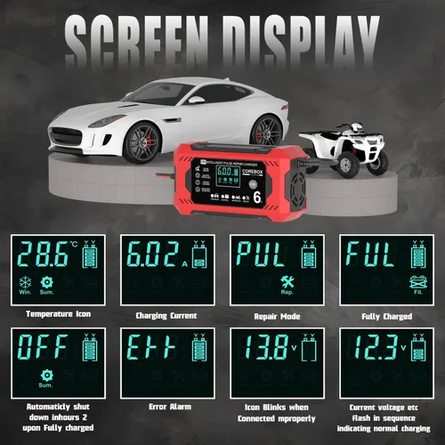 Miniatura 3 de Corebox Cargador de Batería 6-Amperios 12V Cargador Inteligente Automático de Goteo, Mantenedor de Batería Desulfator con Compensación