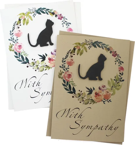 Tarjeta de condolencias de corona floral de gato, hecha a mano, 5 x 7 pulgadas, felicitación de condolencias para mascotas, color blanco o marrón